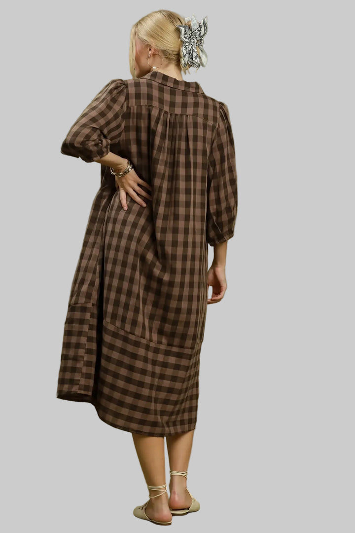 Umgee brown and black plaid midi dress with flattering silhouette