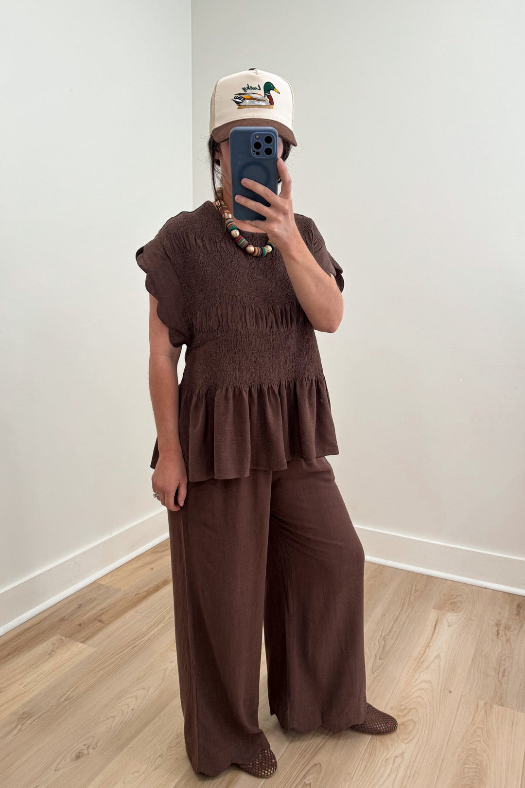 umgee brown scalloped pants set side