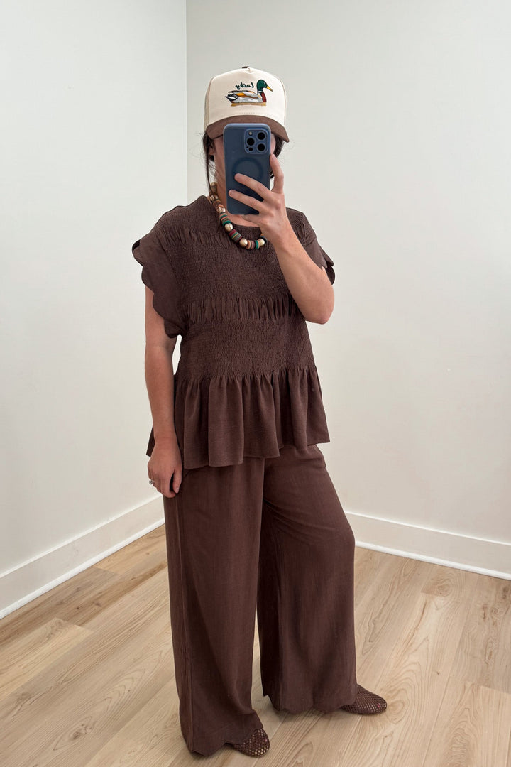 umgee brown scalloped pants set side