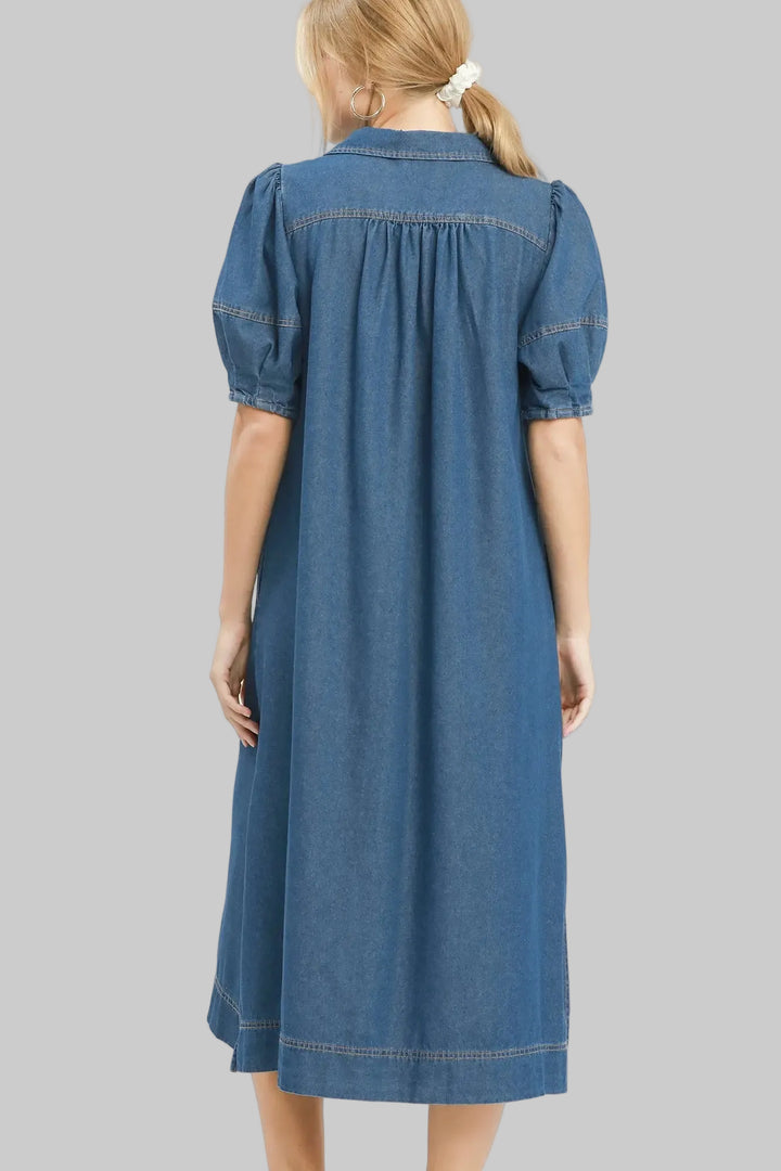 umgee dark denim midi dress details
