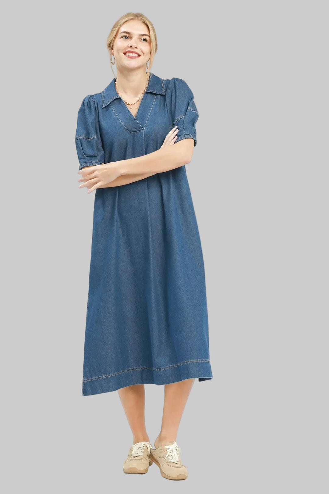 umgee plus size dark denim midi dress