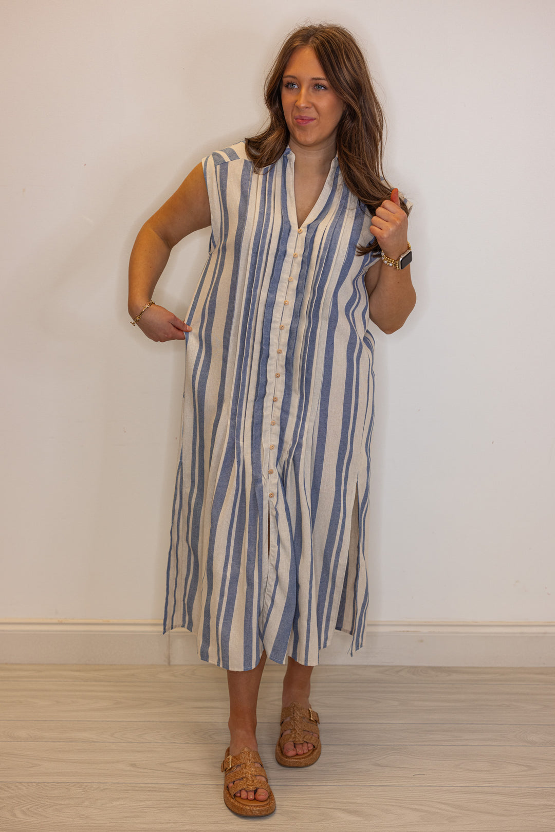umgee linen blue striped midi dress
