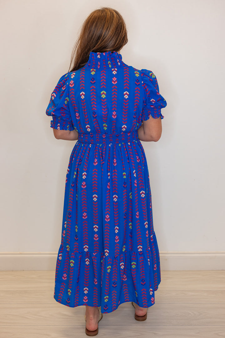 umgee blue petal printed smocked midi dress