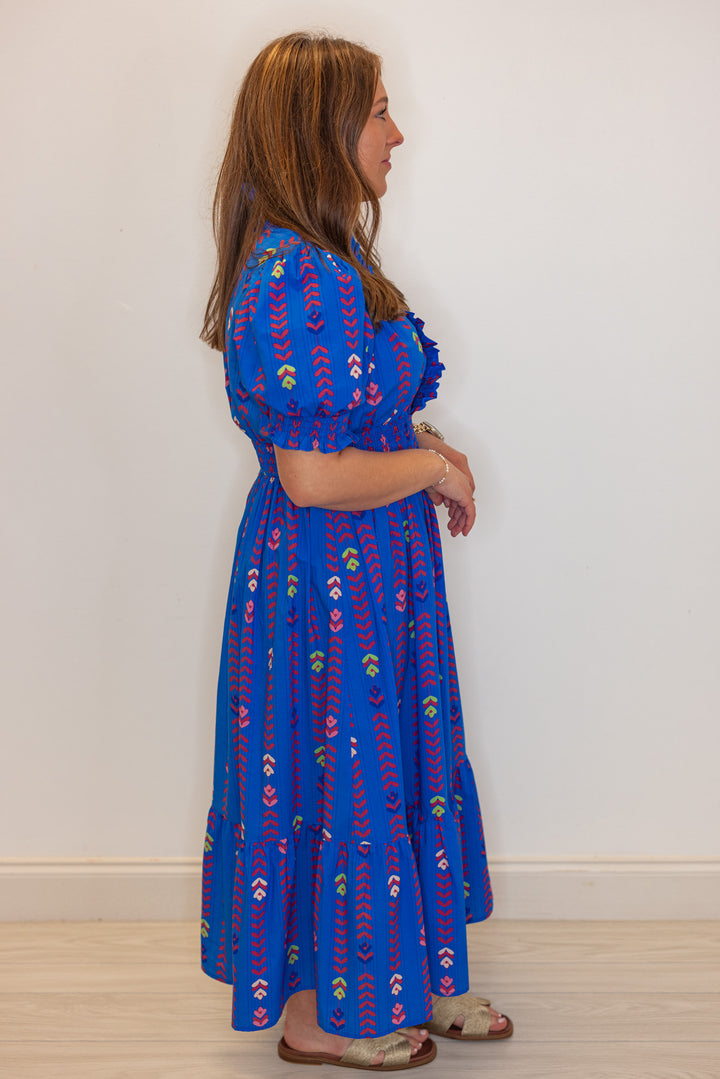 blue petal printed smocked waist midi dress