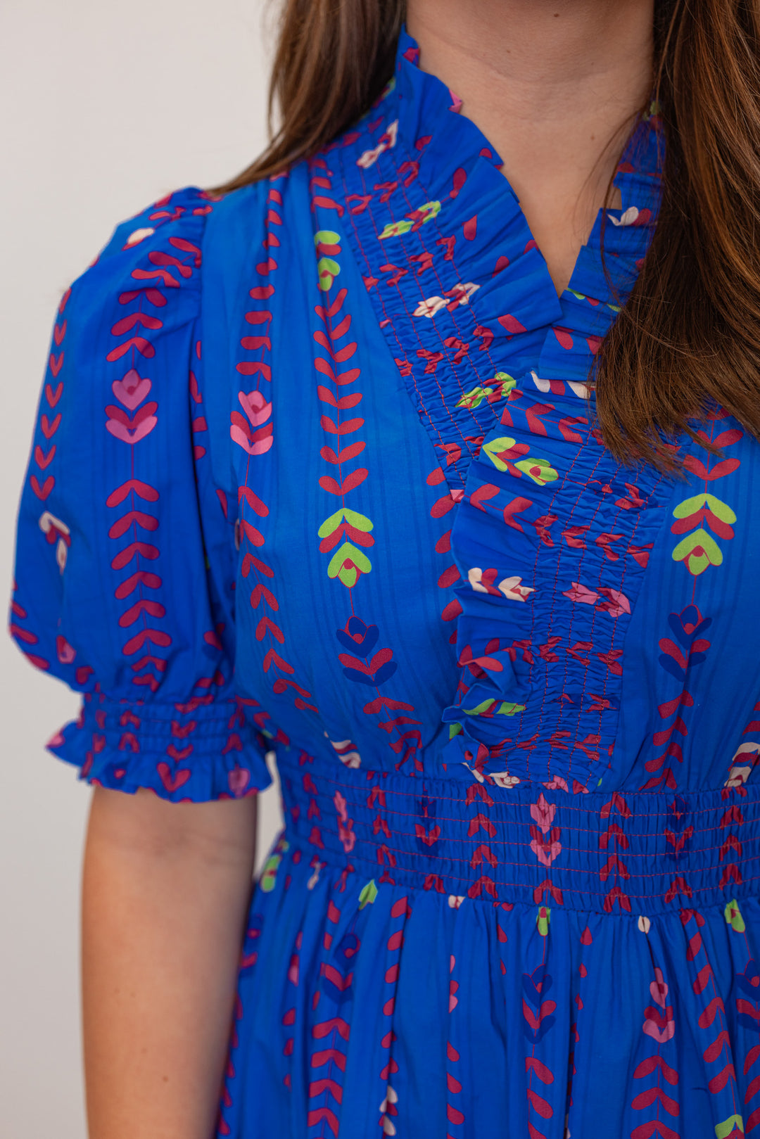 umgee blue petal printed smocked waist midi dress