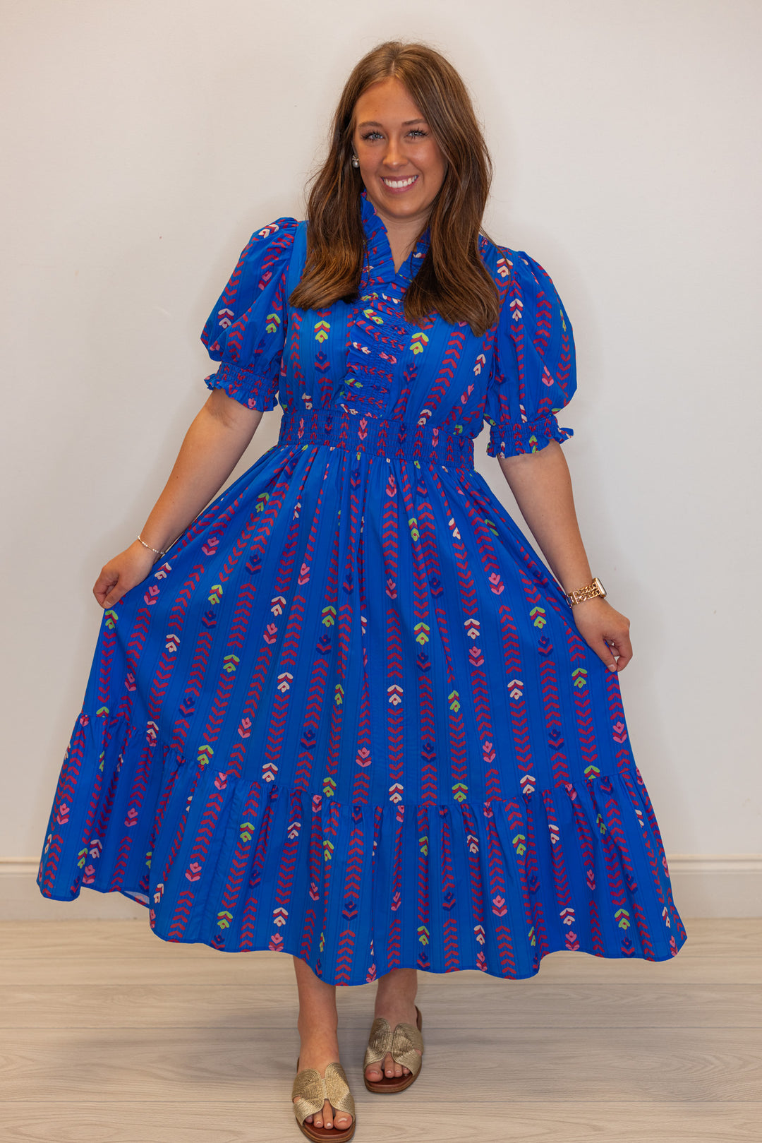 umgee blue petal printed smocked waist midi dress