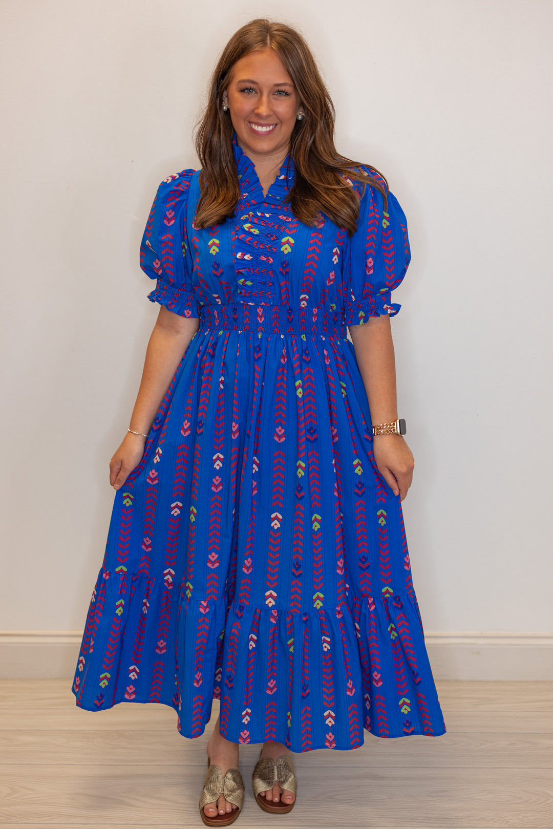 umgee printed smocked waist midi dress