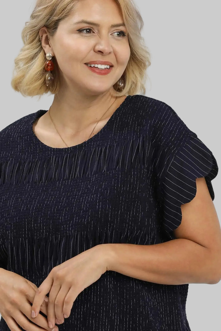 Umgee plus size smocked linen navy and cream pinstripe peplum top with scalloped sleeves