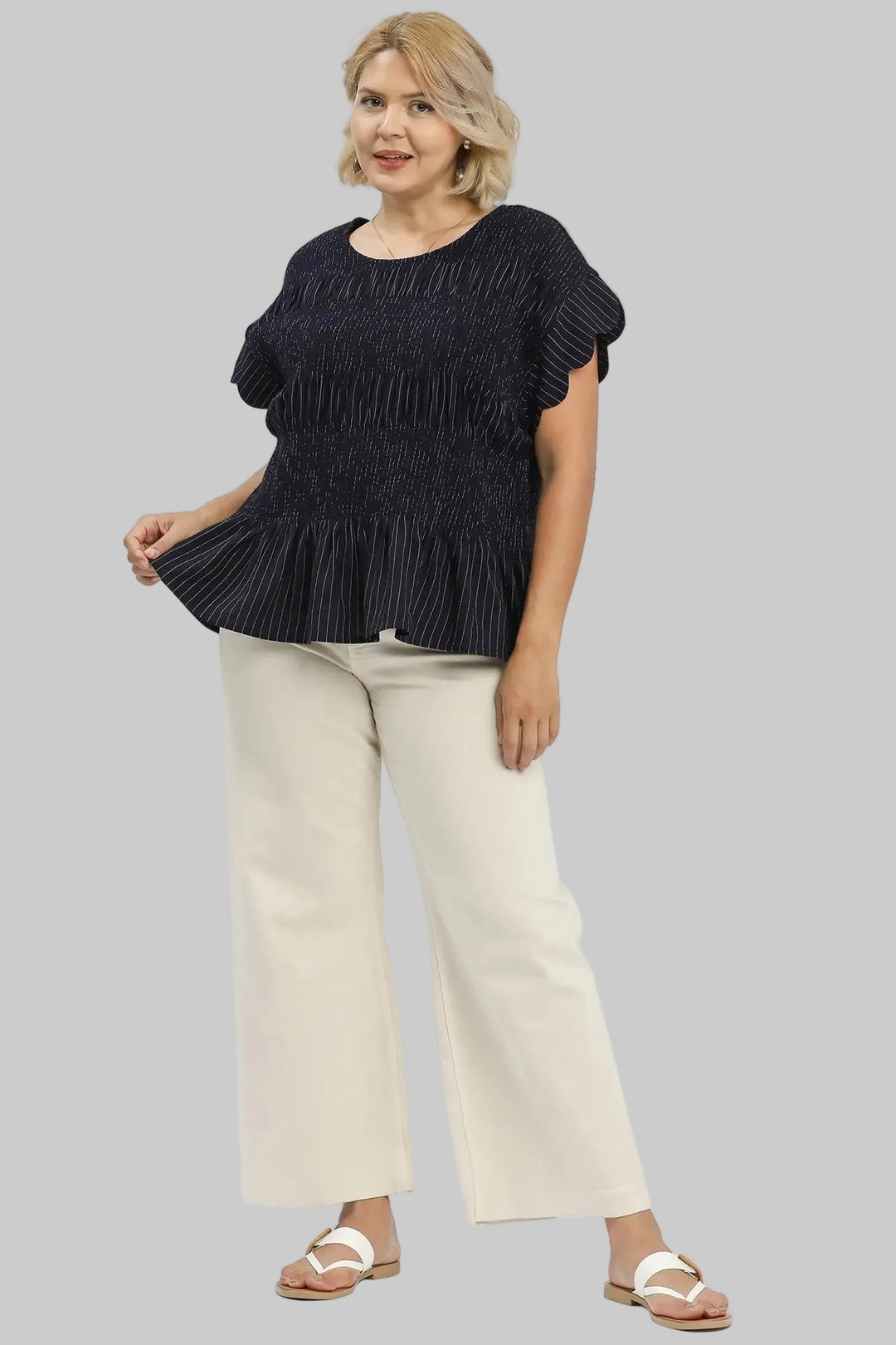 Umgee plus size smocked linen navy and cream pinstripe peplum top