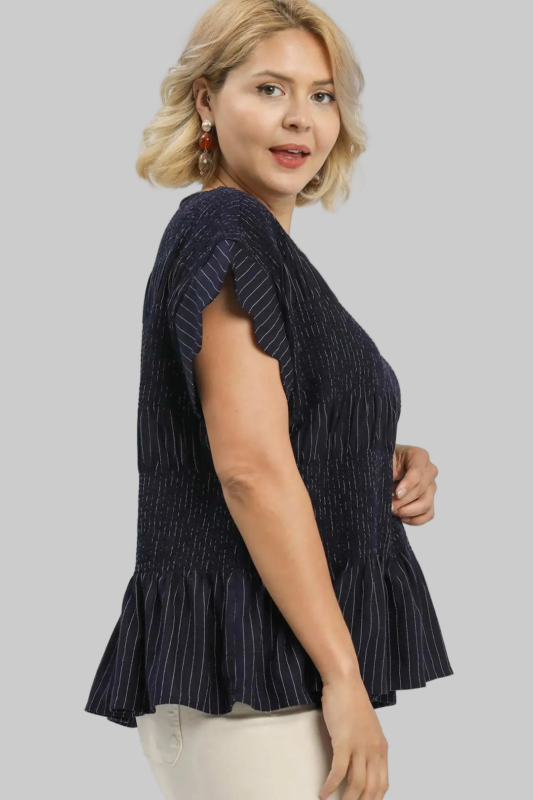 Umgee plus size smocked linen navy and cream pinstripe top with ruffled peplum hem