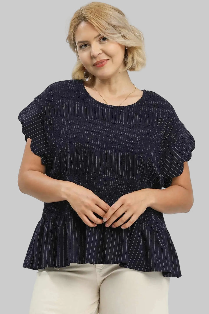 Umgee plus size smocked linen peplum top in navy with cream stitching pinstripes