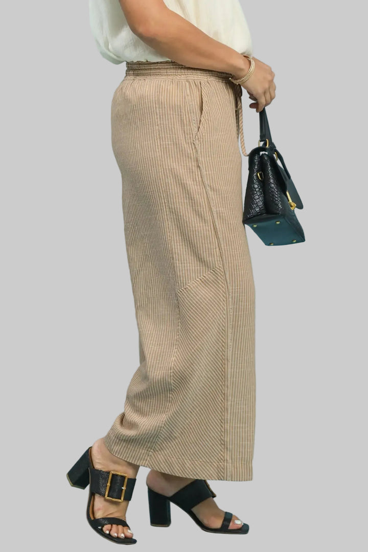 Umgee plus size tan and cream striped wide leg linen pants with frayed seam details with pockets