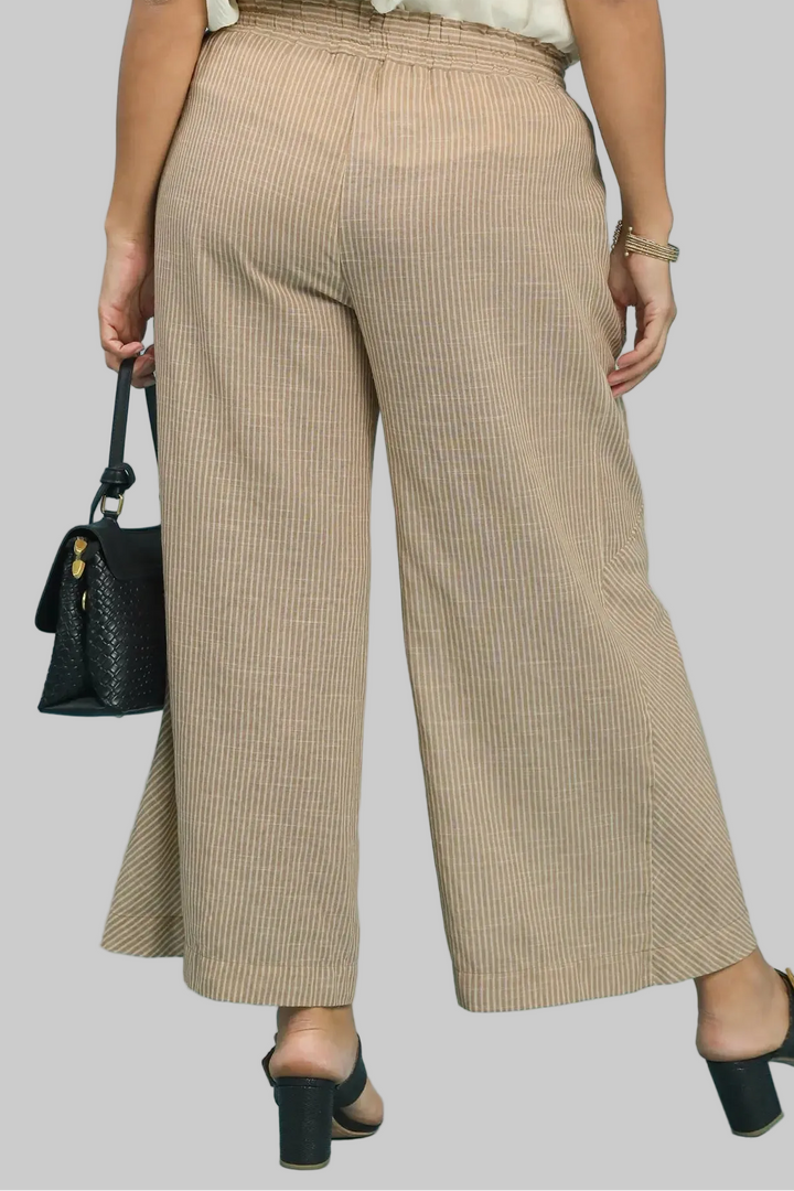 Umgee plus size tan and cream striped wide leg linen pants with frayed seam details in a flattering fit