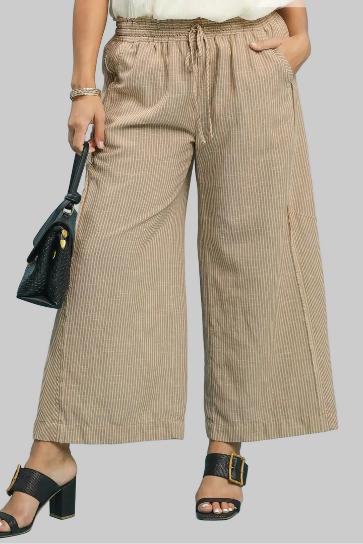 Umgee tan and cream striped wide leg linen pants with frayed seam details in plus size
