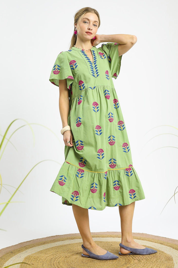 World Traveler Embroidered Green Dress