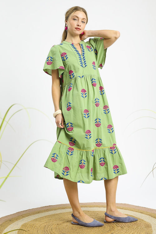 World Traveler Embroidered Green Dress