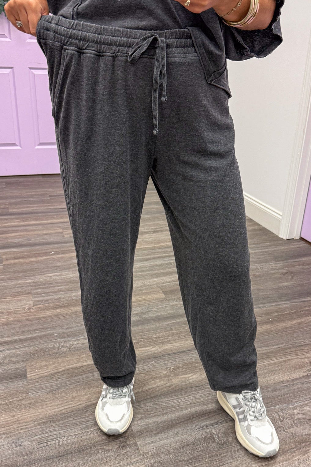 solid mineral washed black elastic waist barrel leg semi-cropped knit loungewear pants