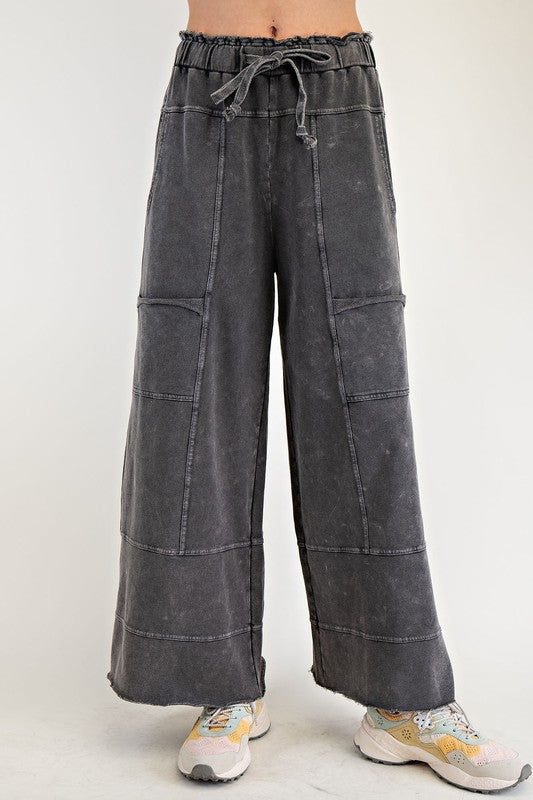 Women's terry knit wide leg pants in mineral washed black by Easel