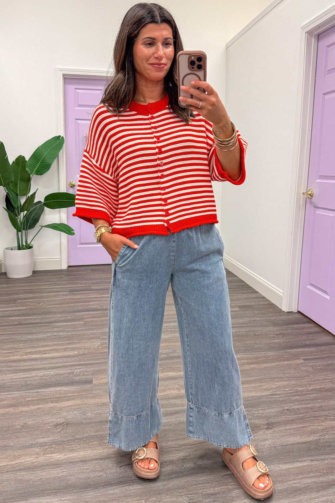light washed blue denim elastic waistband wide leg pants
