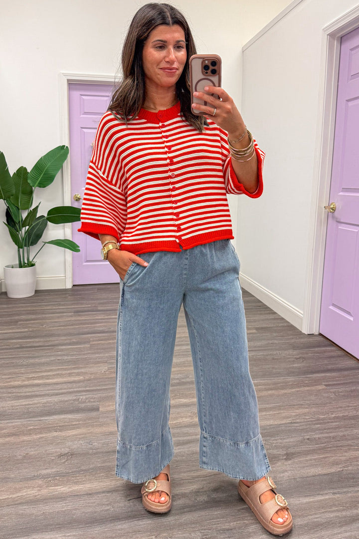 light washed blue denim elastic waistband wide leg pants