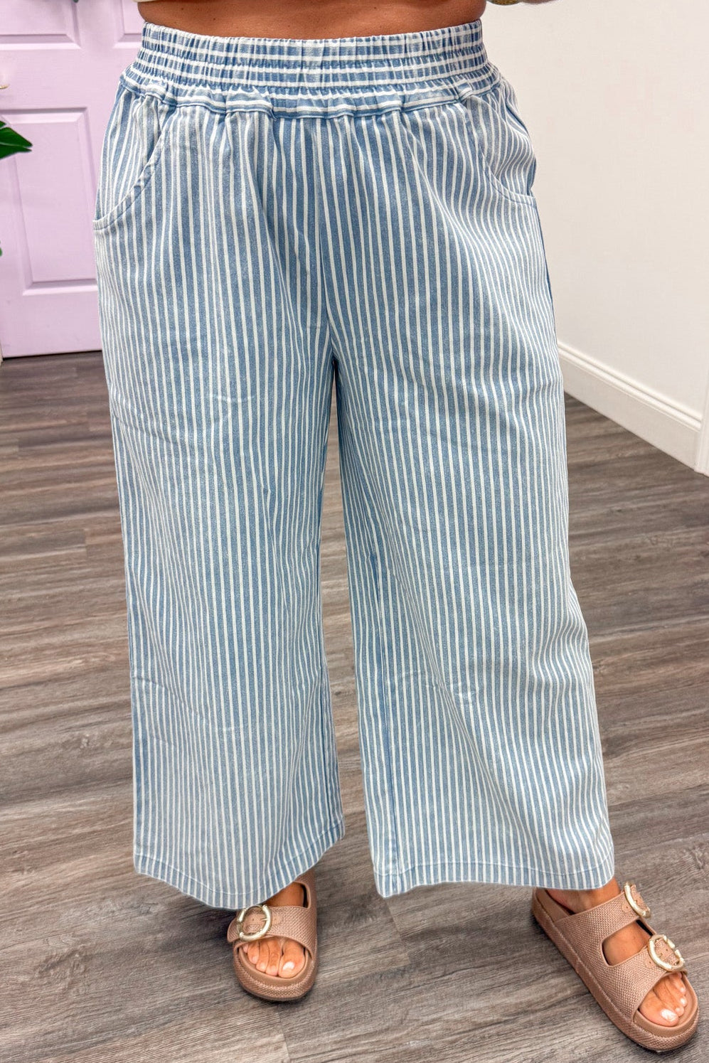 washed light blue and white striped wide leg elastic waist twill cotton pants