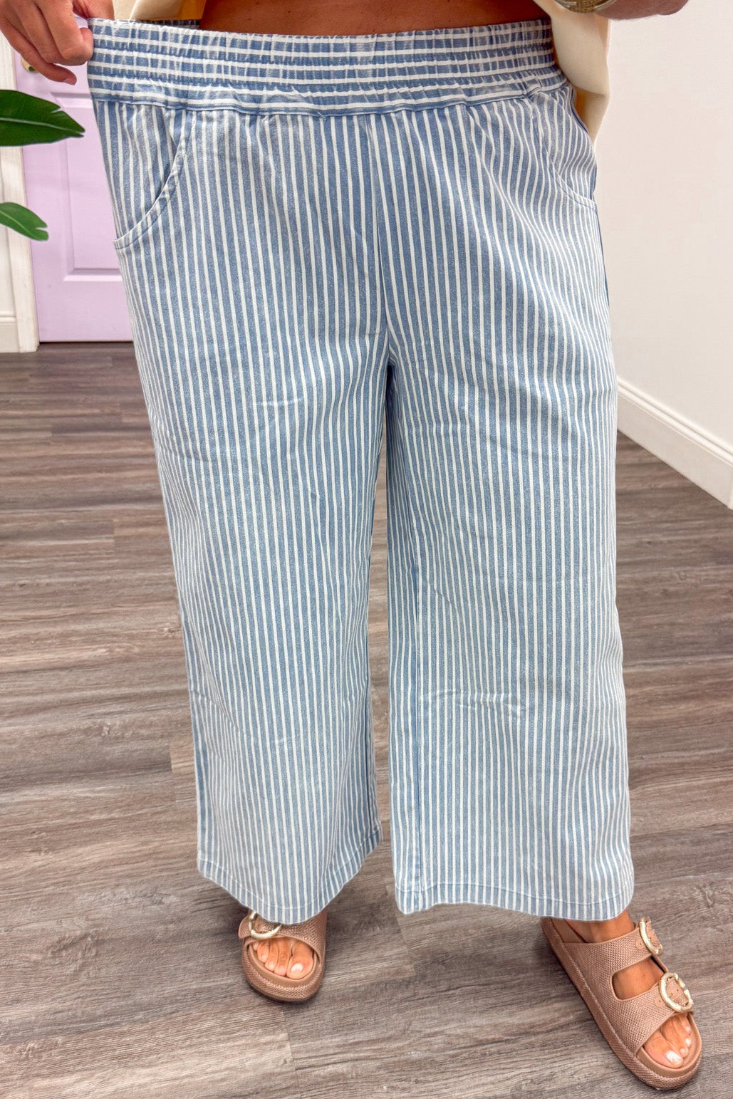 washed light blue and white striped wide leg elastic waistband twill pants