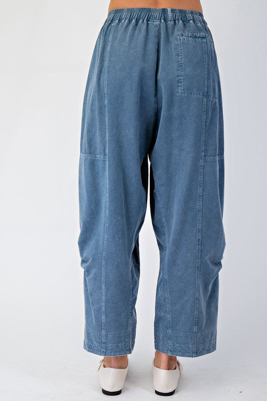 Easel Mineral washed dark blue woven and french terry knit mixed cropped pants