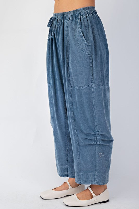 Easel Mineral washed dark blue woven and french terry knit mixed cropped pants