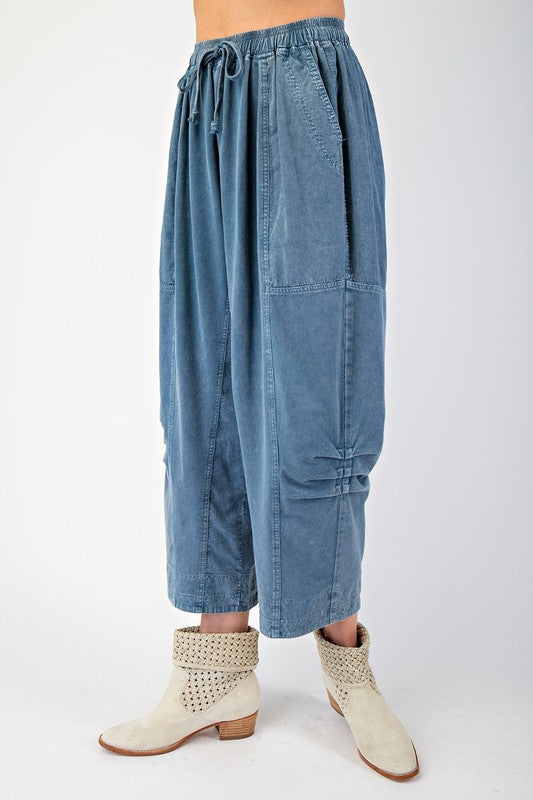 Easel Mineral washed dark blue woven and french terry knit mixed cropped pants