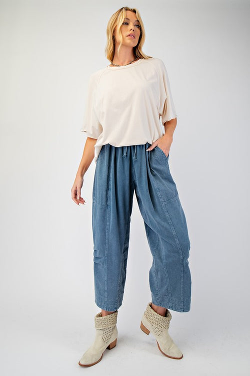 Easel Mineral washed dark blue woven and french terry knit mixed cropped pants
