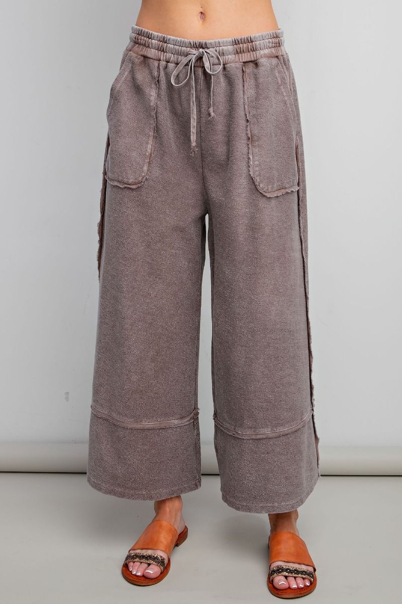 Women's mineral washed espresso french terry knit textured wide leg cropped pants by Easel