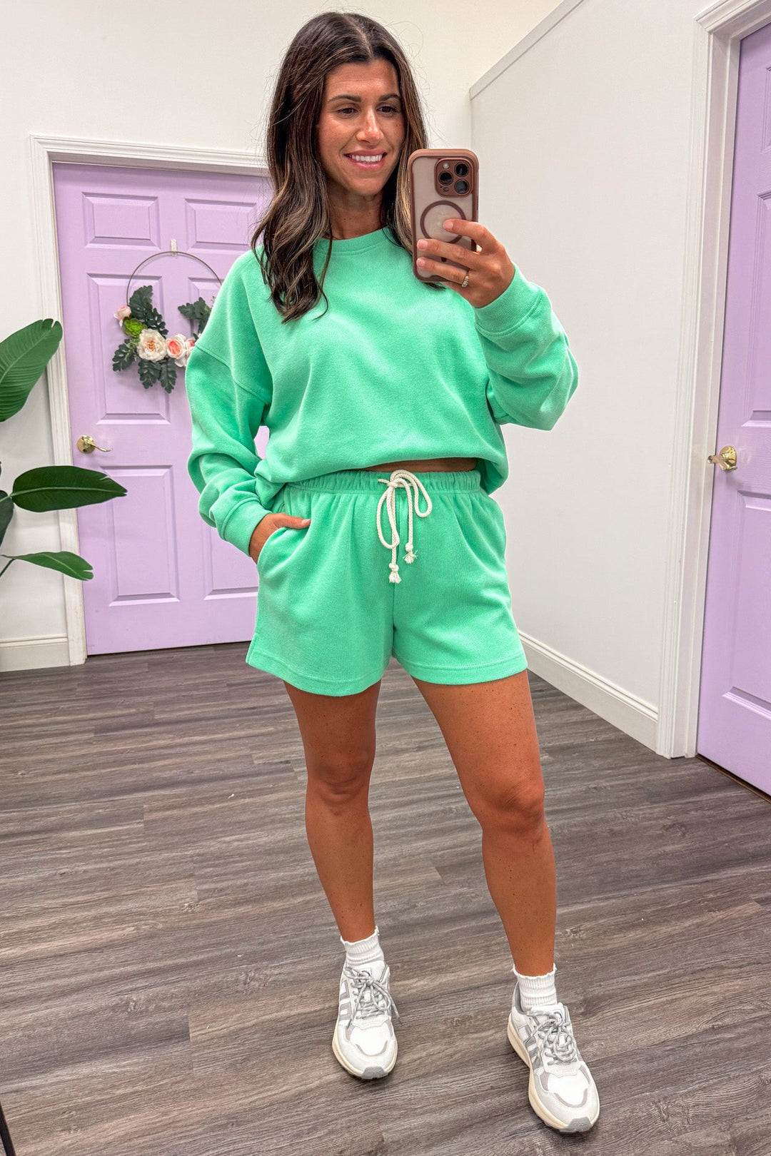 solid washed green pullover top and wide leg shorts matching knit loungewear set