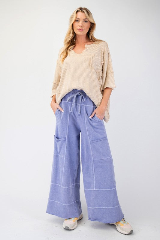 Women's terry knit wide leg pants in mineral washed blue by Easel showing full front view