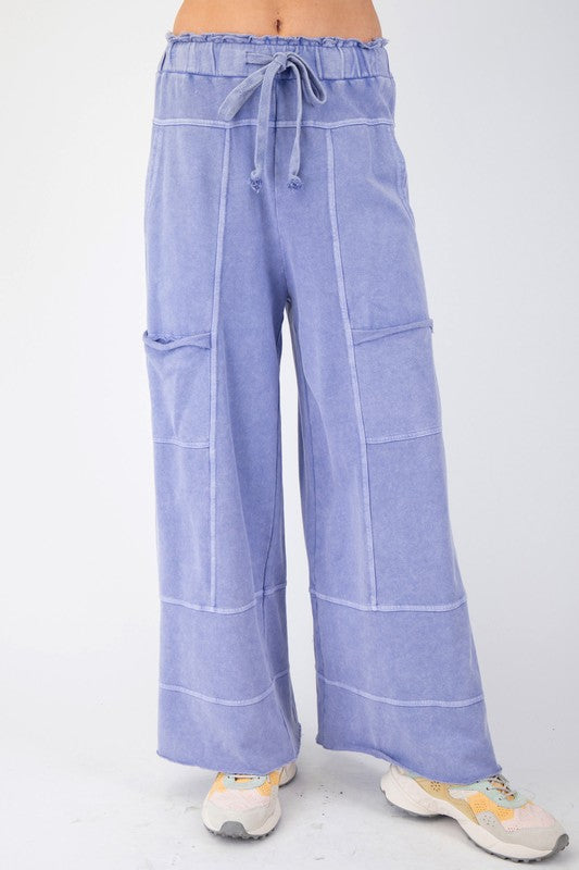 Women's terry knit wide leg pants in mineral washed blue by Easel