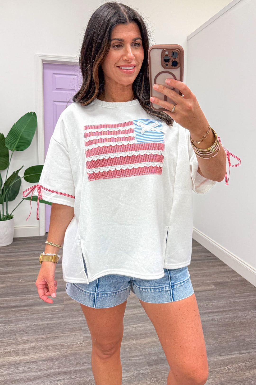 white with embroidery trim quilted patch american flag terry knit top