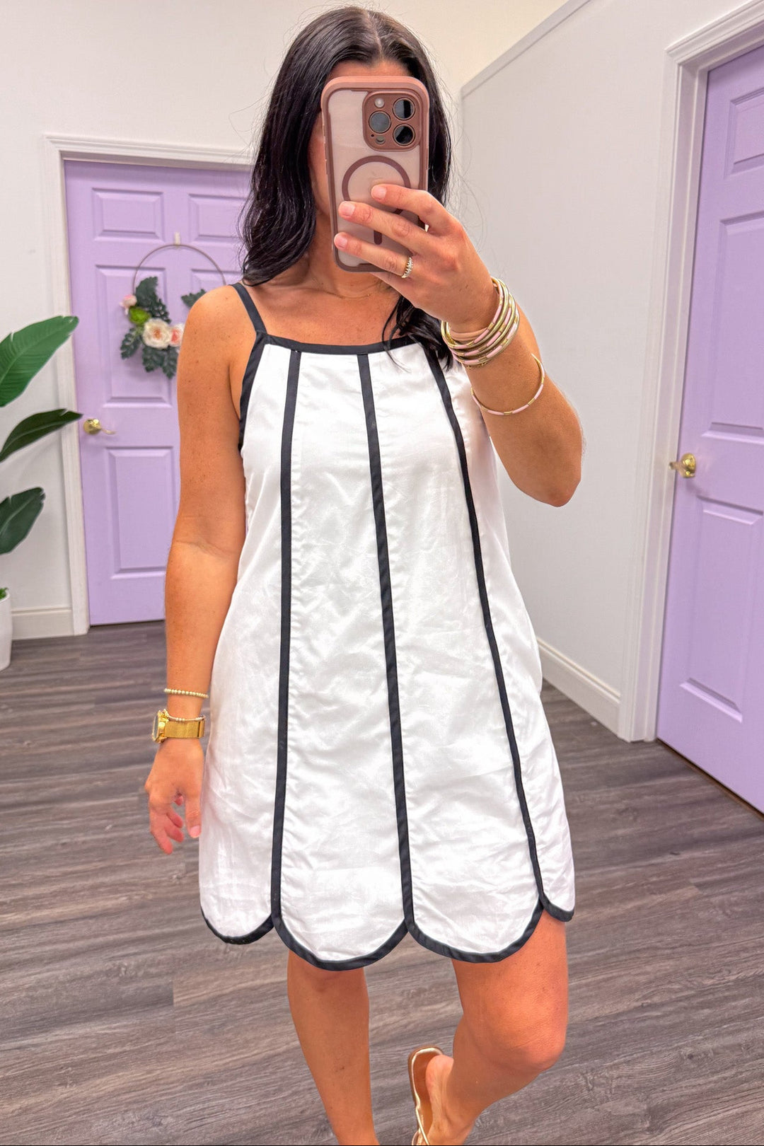 white with vertical black piping trim spaghetti strap sleeveless mini dress