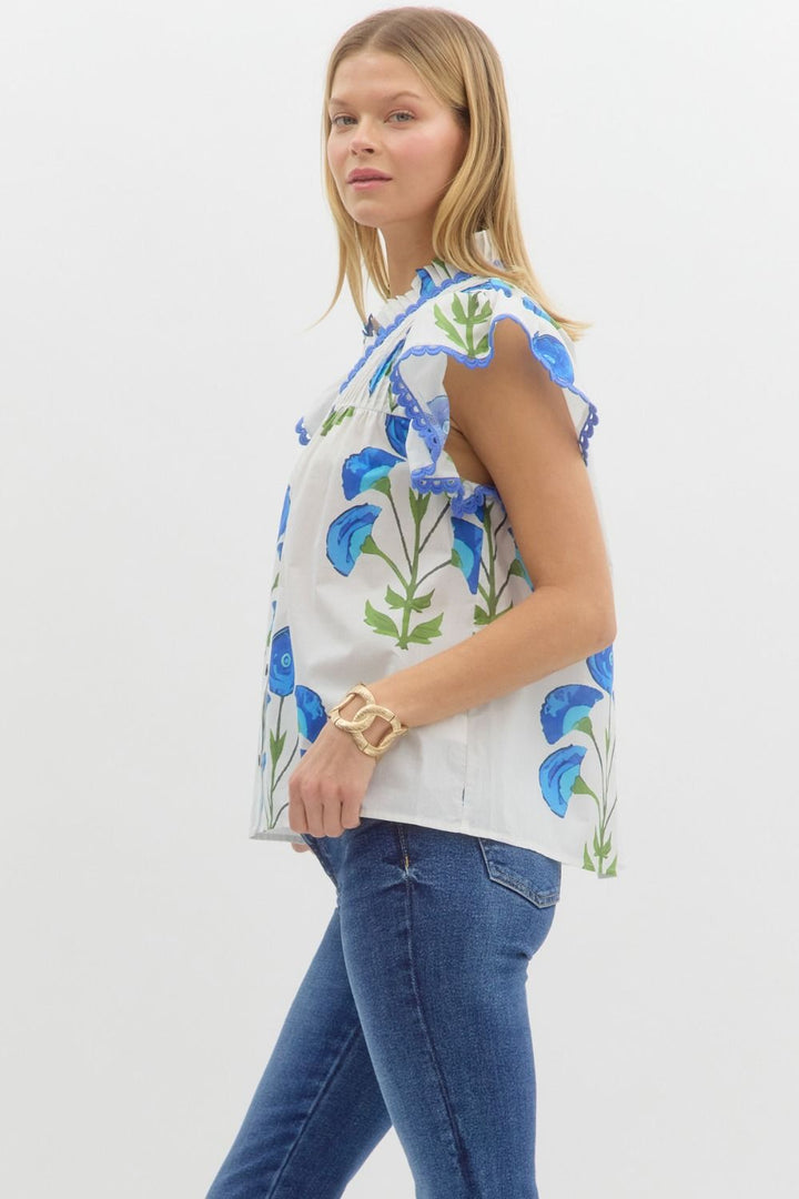 Blue And White Floral Top