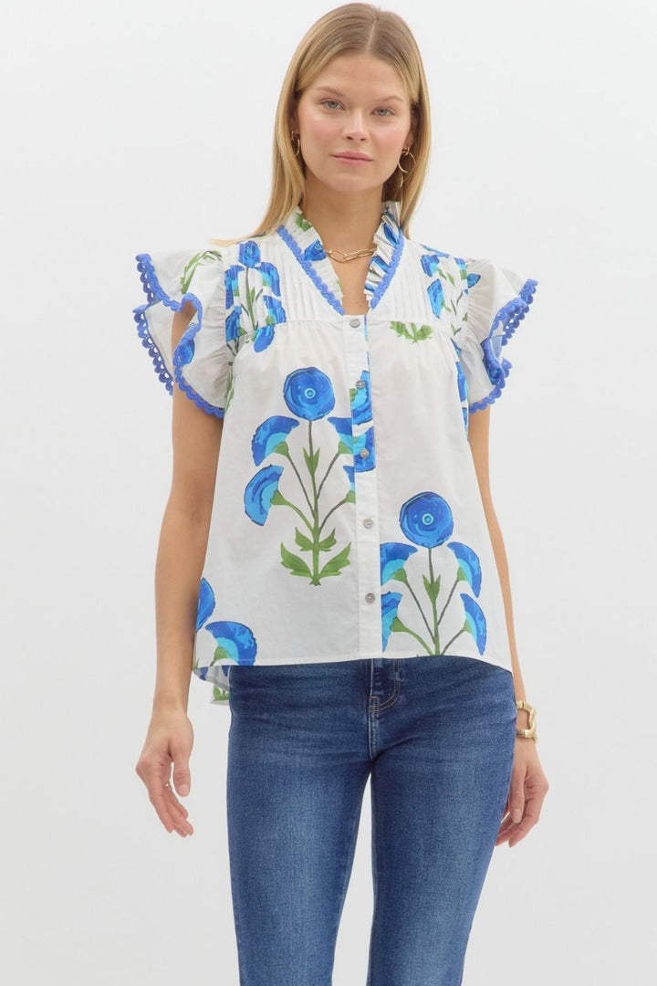Blue And White Floral Top
