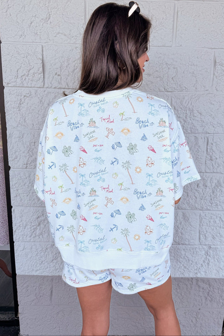 white with colorful coastal theme print top and shorts matching knit set