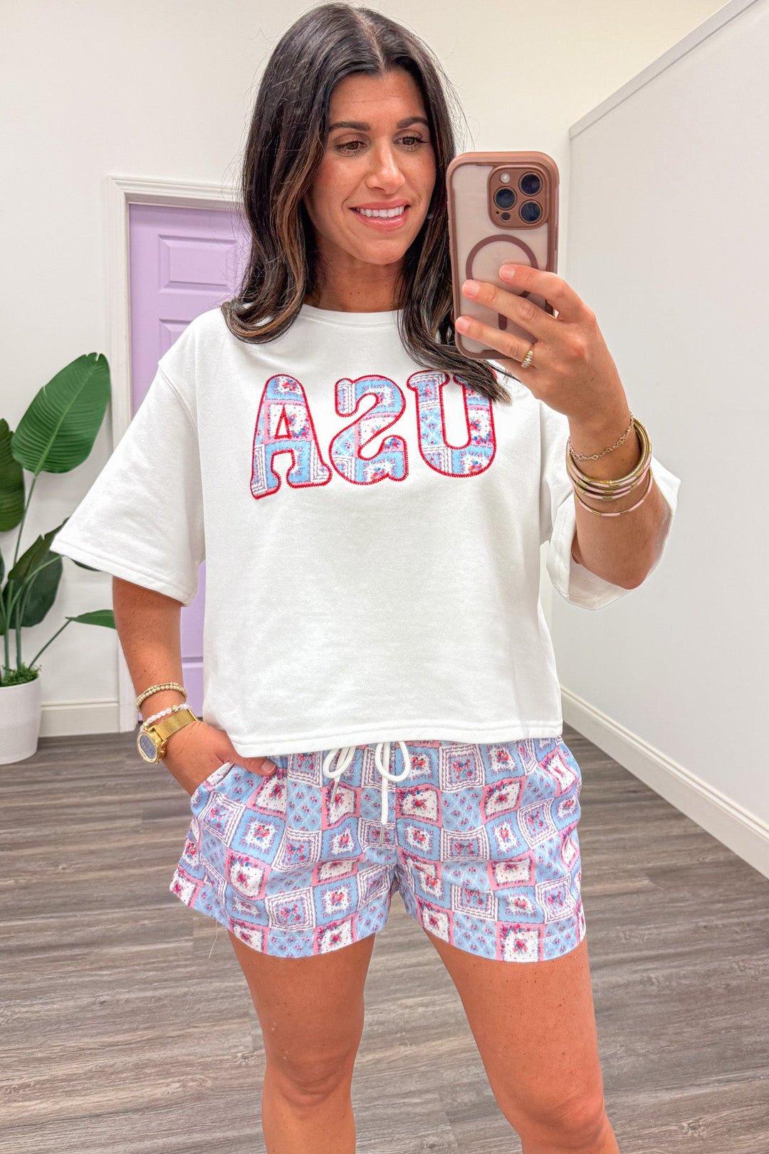 white with embroidered flags and floral patchwork print usa terry knit top