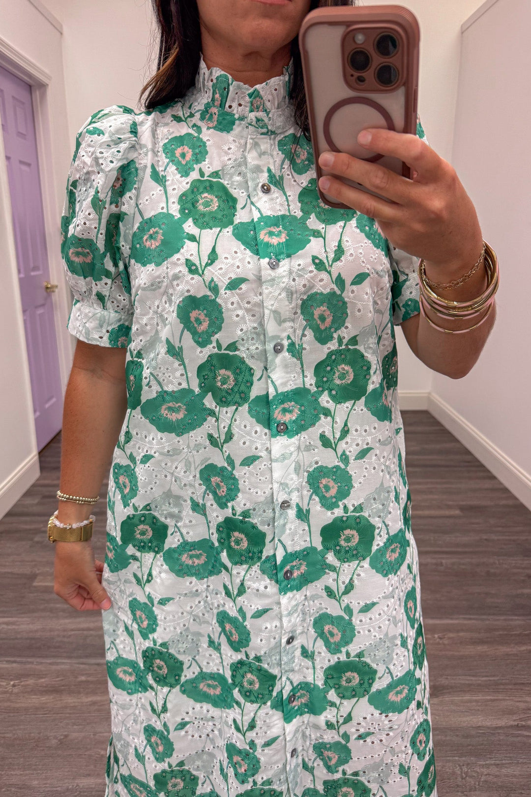 white and green floral button front ruffle trim mock neck eyelet midi dress