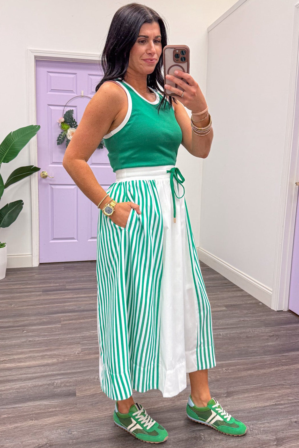 white and green vertical striped detail colorblock midi dress side pockets