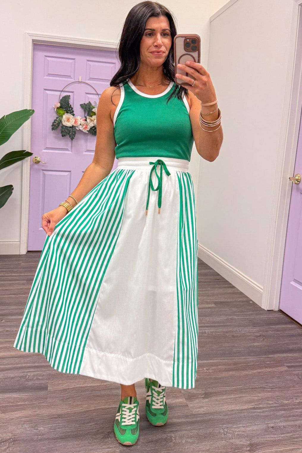 white and green vertical striped detail colorblock midi dress with flowy skirt