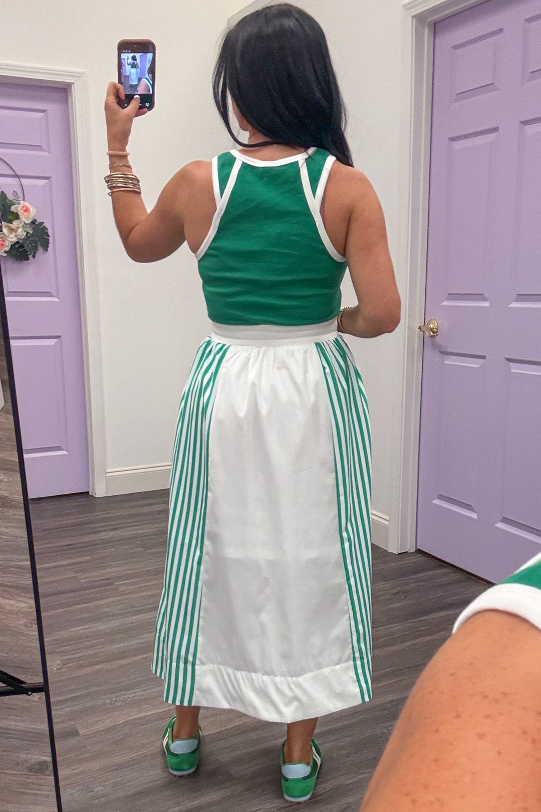 white and green striped colorblock midi dress with knit top and poplin skirt