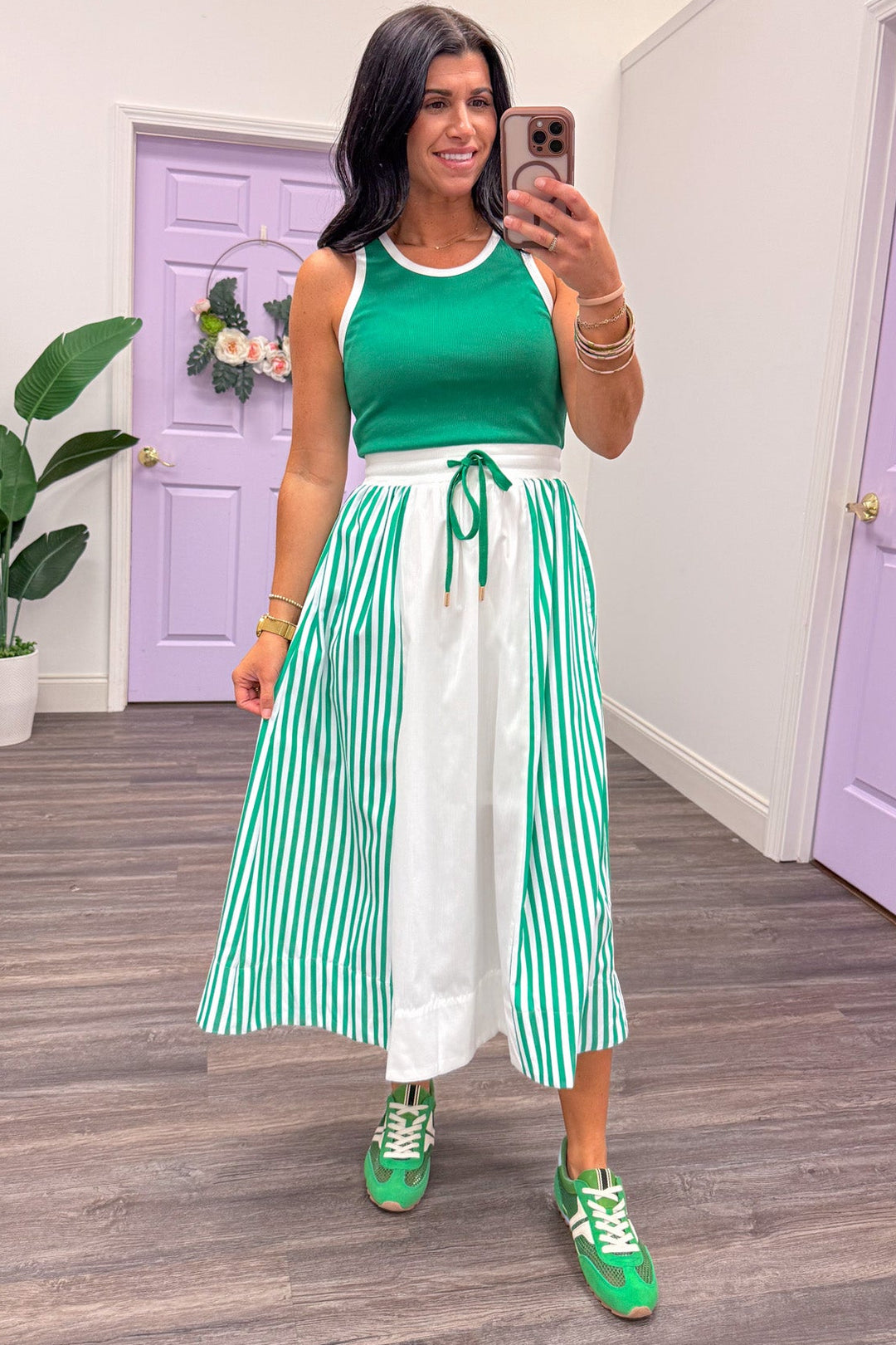 white and green vertical striped detail colorblock sleeveless midi dress