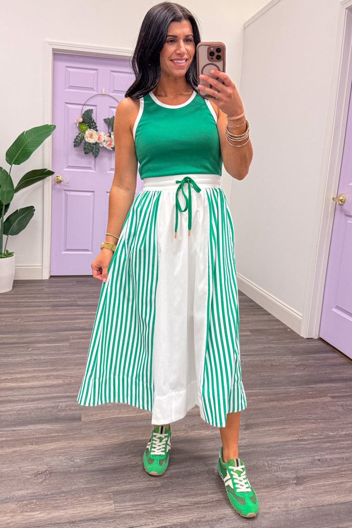 white and green vertical striped detail colorblock sleeveless midi dress