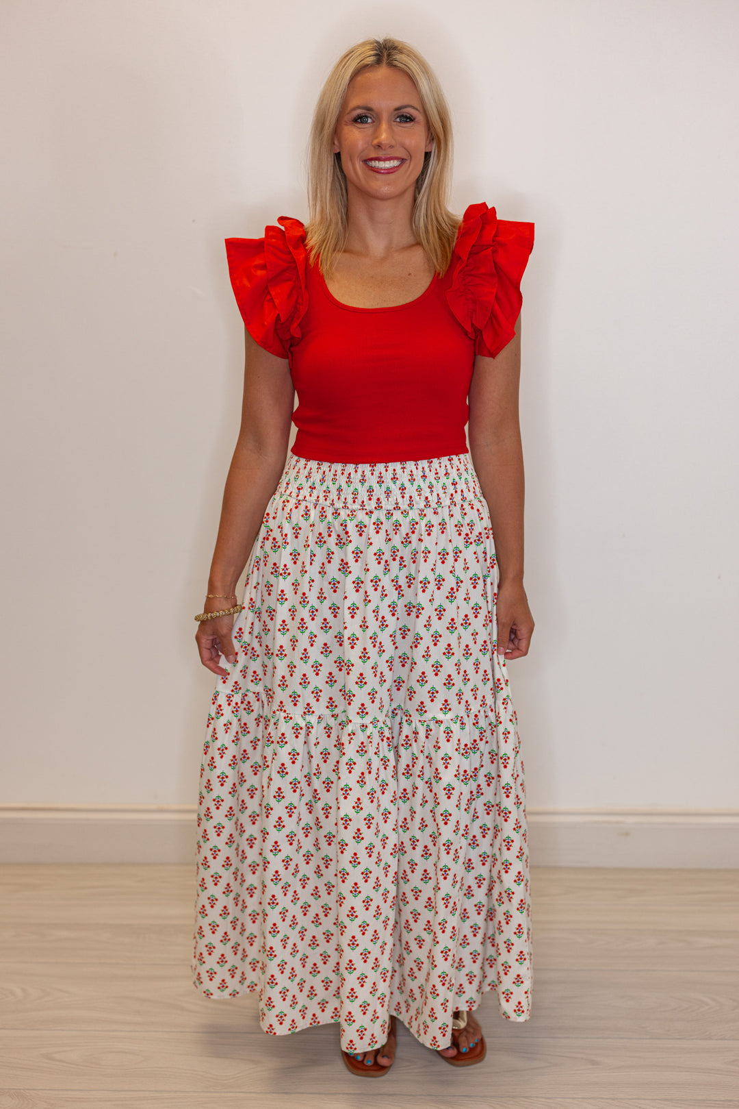 Women's smocked ivory and red floral print tiered poplin maxi skirt by Karlie