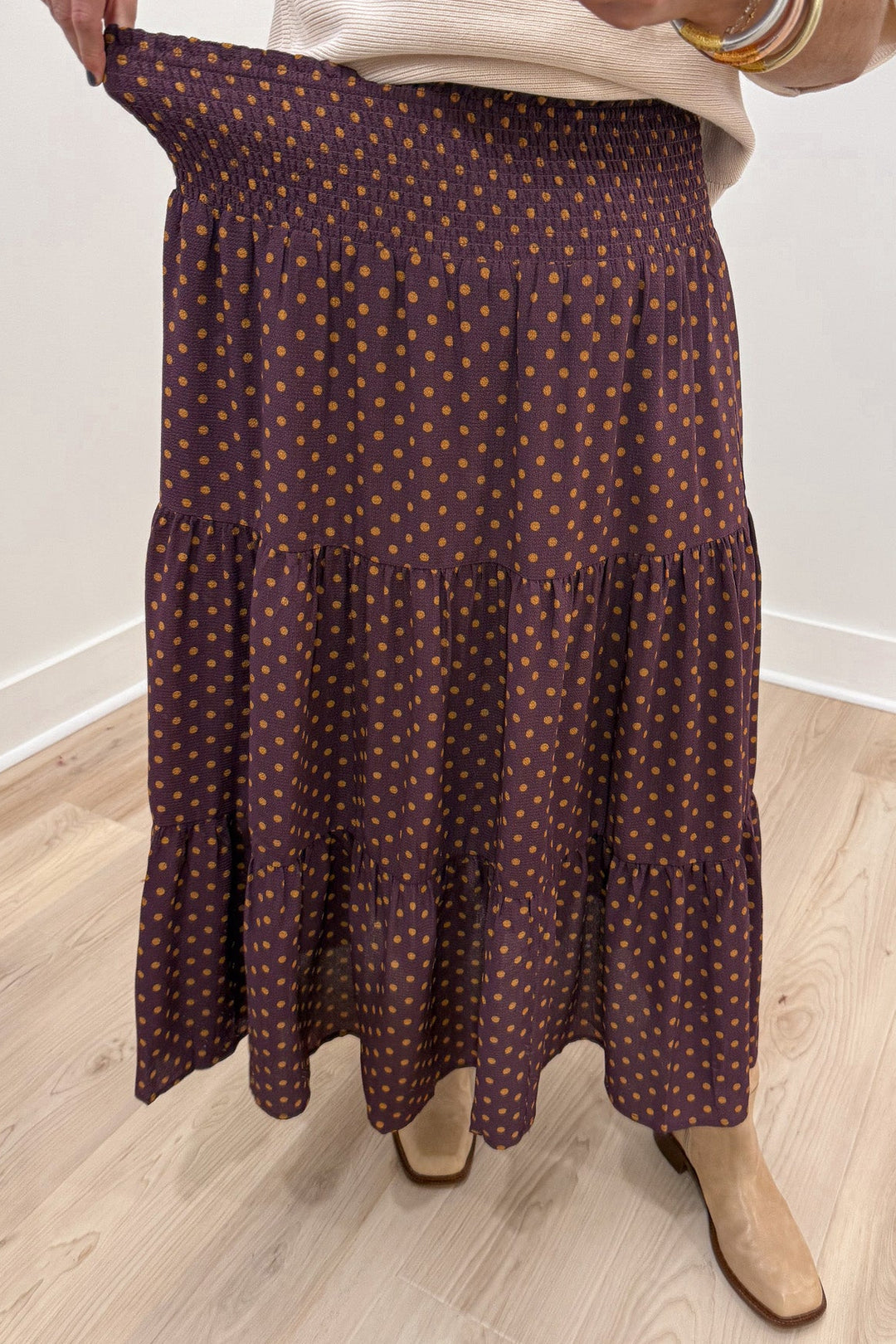 wine with tan polka dot print elastic fitted waist flowy tiered midi skirt