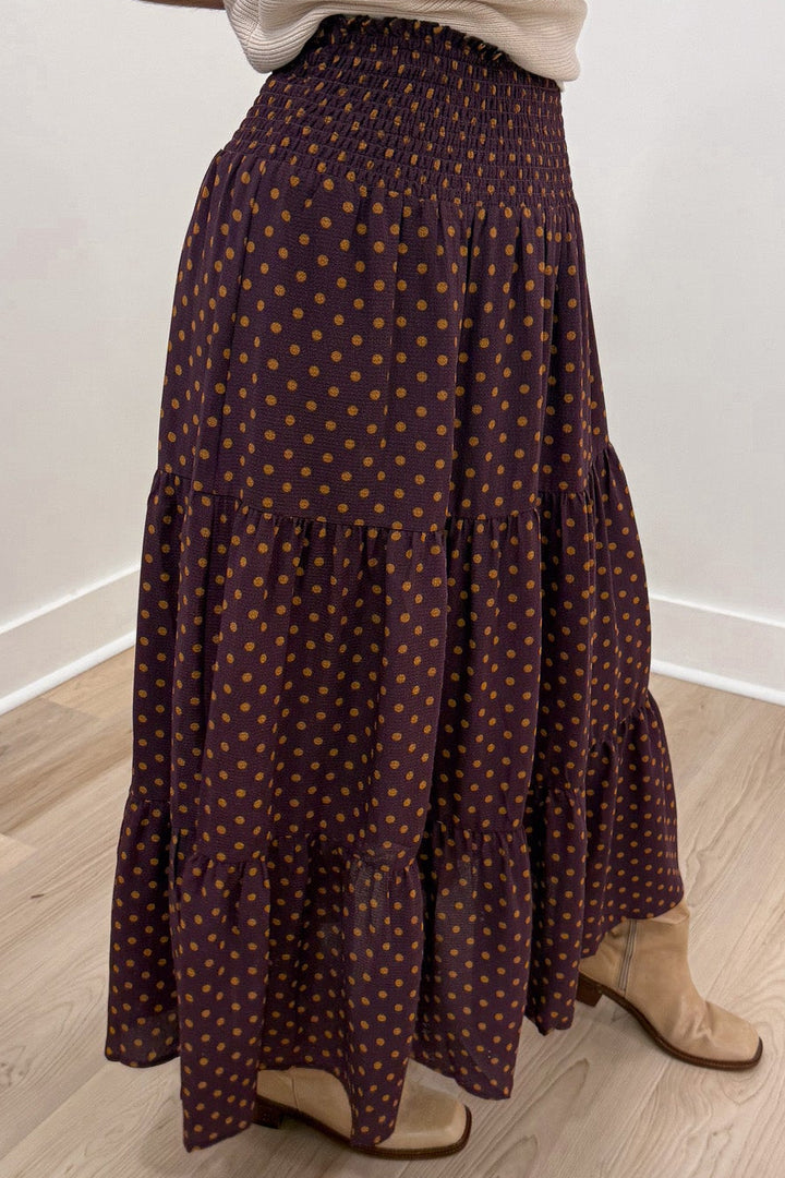 wine with tan polka dot print elastic waistband flowy tiered lightweight midi skirt