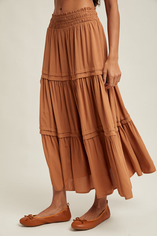 wishlist brand caramel smocked waistband flowy midi skirt side